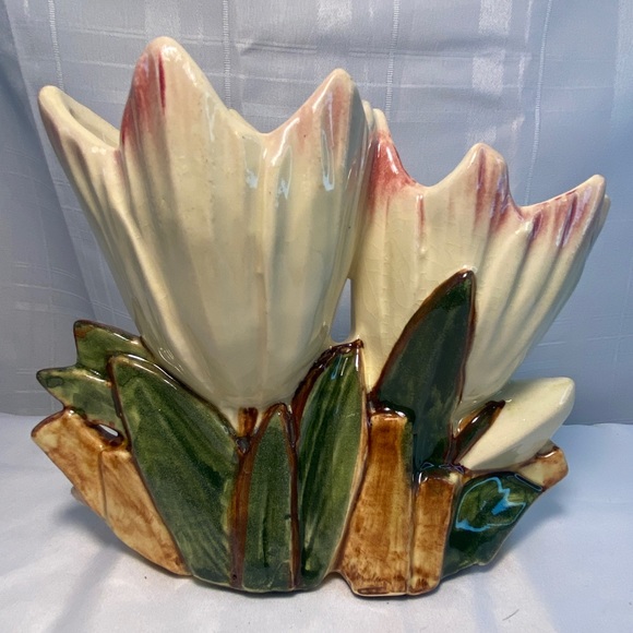 Vintage McCoy Double Tulip Vase White Green Red HTF